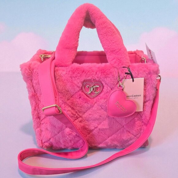 Juicy Couture Let's Get Cozy Pink Faux Fur Quilted Tote Bag Heart Charm & Strap - Picture 2 of 7